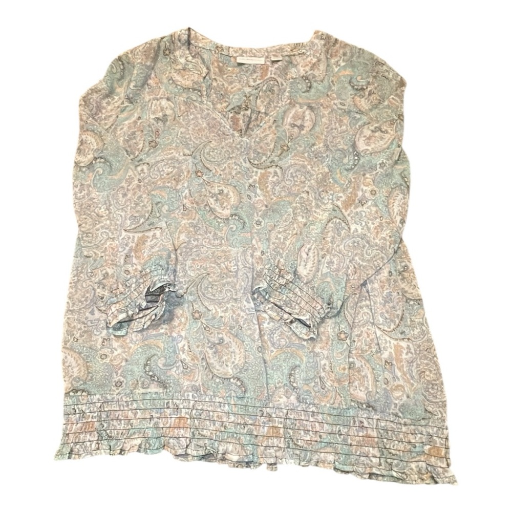 New York & Company mint green, tan, light blue ruffled blouse. Lightweight